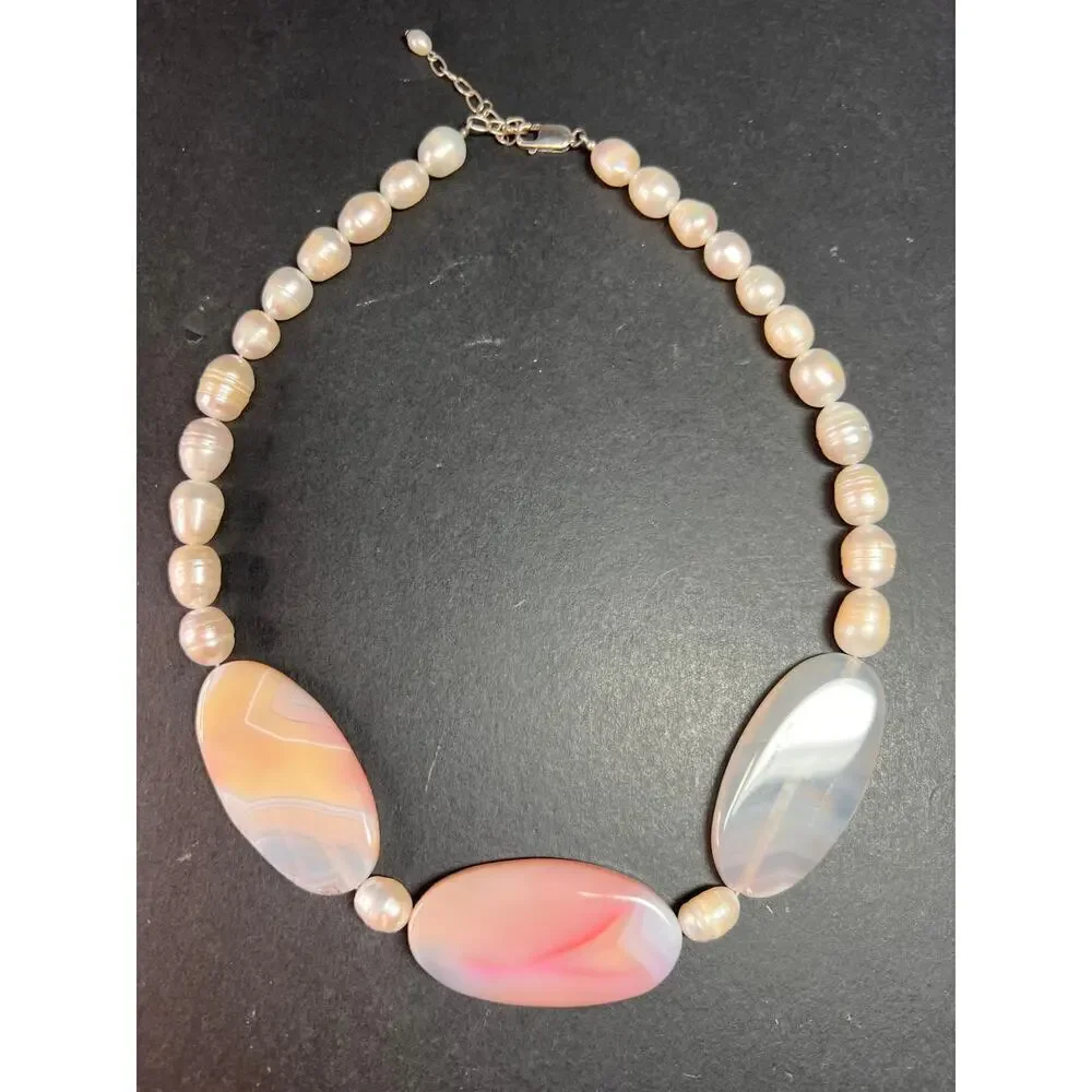NEW freshwater pearl and agate necklace with sterling silver clasp